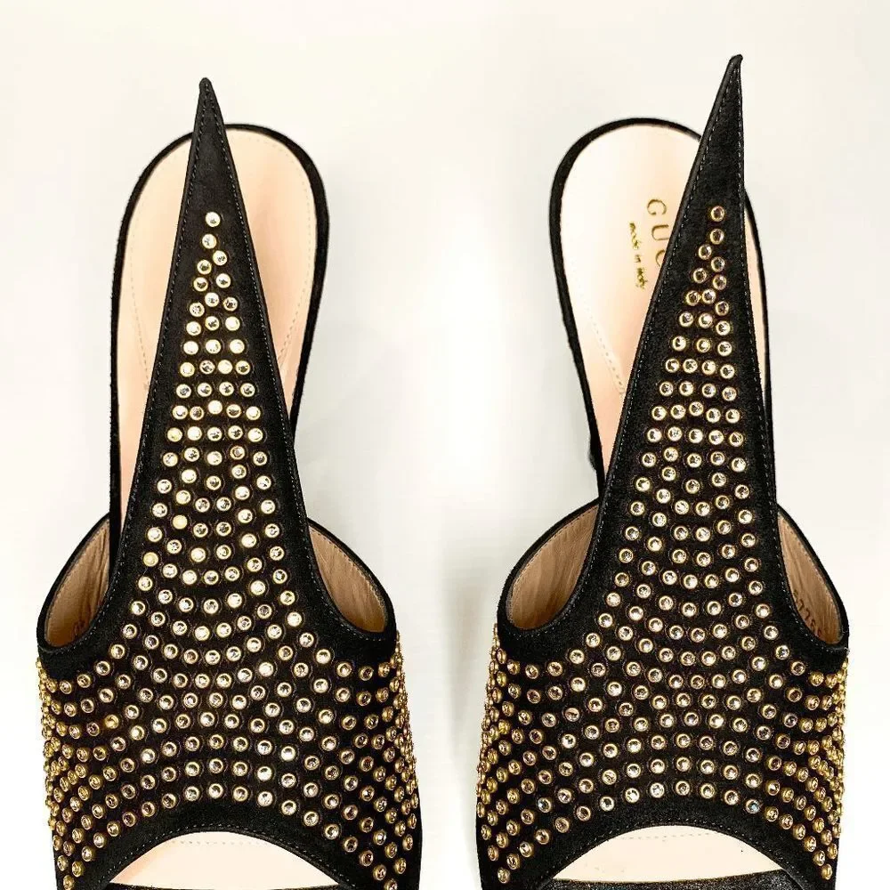 Gucci Fedra Crystal Embellished High Heel Mules EU 39.5 US 9.5 Black Suede Pumps - Picture 4 of 11